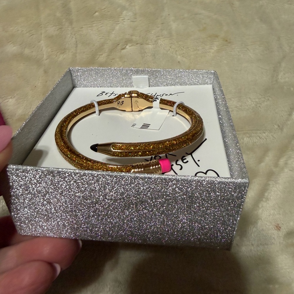 Betsey Johnson Gold Glitter Nail Bangle Bracelet with Pink Tip